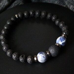 Sodalite + Lava Rock ~ Big Man's Bracelet with Massive Beads - Fits 9" Wrist